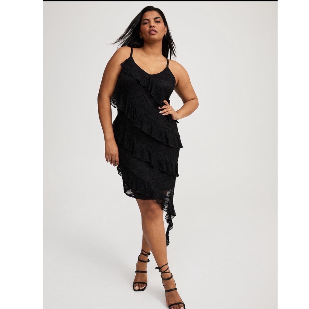 Torid Midi Mesh Ruffle Surplice Asymmetrical Dress x3 3X 22-24 cocktail party - Picture 2 of 8
